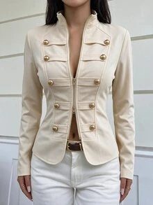 Lavishia 女款新款極簡春夏復古立領襯衫上衣，修身拉鍊前開拿破崙/軍裝夾克背心，女款夏季服飾，適合戶外、鄉村音樂會穿搭、通勤、外出、街頭穿著的夏季上衣 - 杏色 - 查看 6