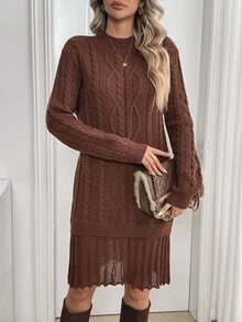 Sprig & Strand Women's Autumn New Arrival Single Piece Round Neck Hem Splice Design Fashion Elegant Personalized Versatile Daily Date Commute Short Fitted Knit Long Sleeve Woolen Dress - Coffee Brown - View 5