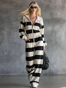 SHEIN Women Fall Winter Striped Hooded Jumpsuit Long Sleeve Zip Up Drawstring Waist Wide Leg Ribbed Lounge Casual Travel Sweat Jumpsuit With Pockets - Black and White - View 5