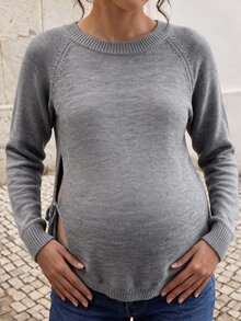Momance Maternity Solid Color Round Neck Raglan Long Sleeve Casual Baggy Sweater Fall Formal Photoshoot Grey Winter - Grey - View 3