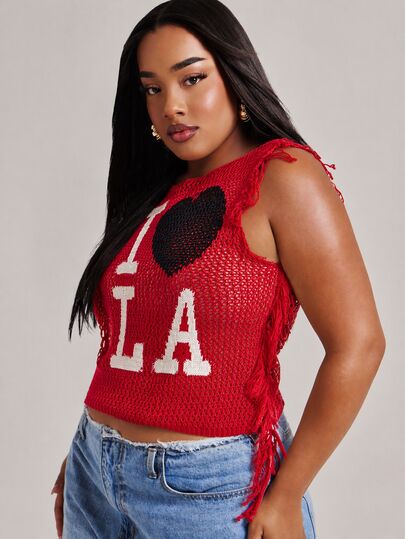 NYA SZN Vestă tricotată fără mâneci pentru siluetă plus curve, cu grafică inimă "I Love NY", franjuri, legătură laterală unică, stil statement streetwear de vară, pentru zi de zi, crocată, negru și roșu