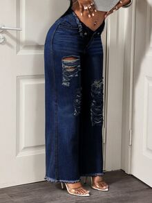 BamGleam 牛仔女郎套裝 標準尺寸 女款 春季 藍色 無彈力 破舊風 生邊性感寬腿長褲 春季女裝 - 深色水洗藍 - 查看 6