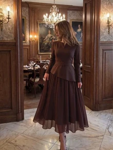 Celisse New Chinese Style Stand Collar Frog Button Flared Long Sleeve, Waist-Cinched Draped Full Skirt Maxi Cheongsam Dress - Dark Brown - View 6
