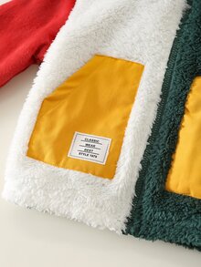 SHEIN 嬰兒男孩女孩對比色抓絨內裡加厚小立領長袖前開襟外套，百搭舒適，適合秋冬穿著 - 彩色 - 查看 6