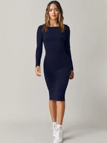 SHEIN BASICS 純色貼身中長洋裝，商務休閒女款／優雅夏季女裝套裝 - 藏蓝色 - 查看 7