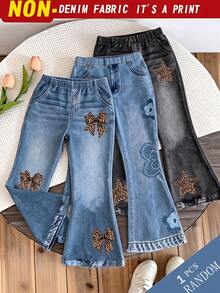 SHEIN Tween Girl Blue Flare Pants 1pc Bow Knot Daily Comfortable Versatile Knit Leopard Print Cute Kawaii Bottoms Personalized All Season Outfit - Black - View 1