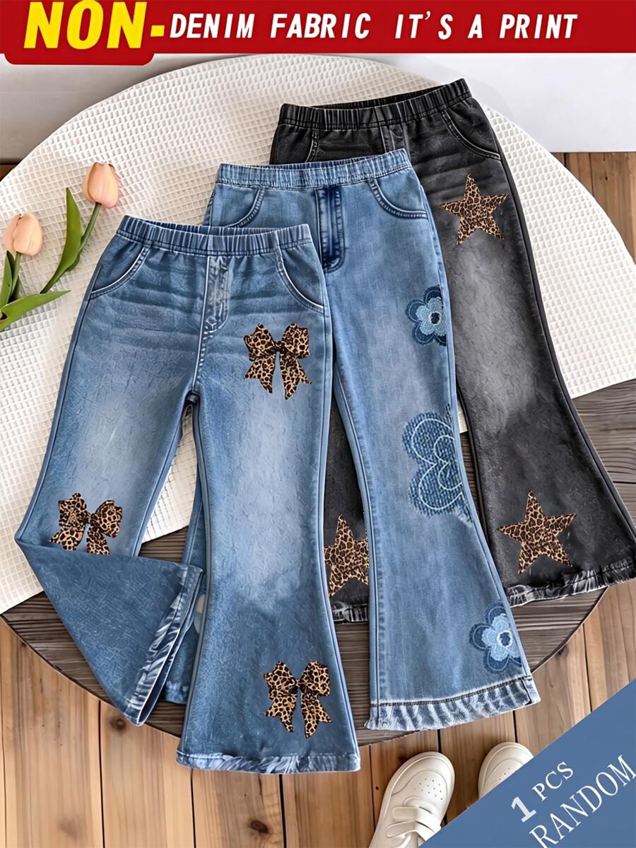 SHEIN Tween Girl Blue Flare Pants 1pc Bow Knot Daily Comfortable Versatile Knit Leopard Print Cute Kawaii Bottoms Personalized All Season Outfit - Black - View 1