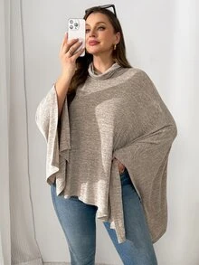 Shapeblank Women's Plus-Size Grey Cape-Style Top – Casual Lounge, Loose-Fit, Stretchy Autumn/Winter,Fall Outfits,Going Out Formal Evening Vacation - Khaki - View 2