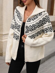 EMERY ROSE Women's Long Sleeve Zipper Geometric Pattern Casual Elegant Knit Cardigan Fall Clothes For Women Winter Outfit For Women Women Fall Winter Sweater - Khaki - View 4