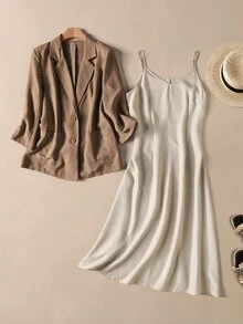 Rusticease Women's Solid Color Lapel Neck Single-Breasted Jacket And Cami Dress Casual 2 Pieces Set - Light Grey - View 3