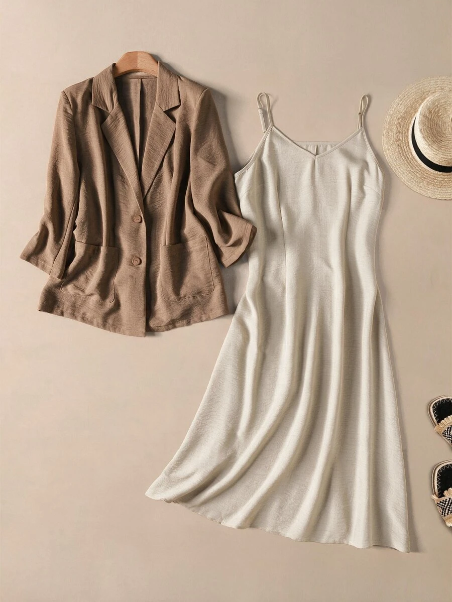 Rusticease Women's Solid Color Lapel Neck Single-Breasted Jacket And Cami Dress Casual 2 Pieces Set Office Vacation Brown Beige Autumn - Light Grey - View 1