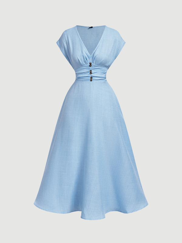 Skyraze Women's Elegant Apricot V-Neck Cap Sleeve Dress