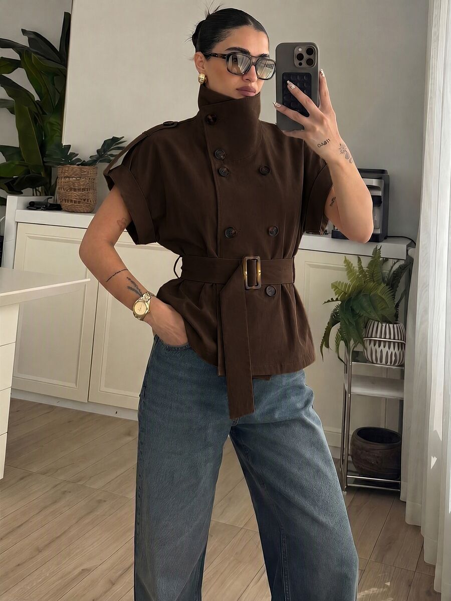 Lumalex Short Sleeve Loose High Neck Cinched Waist Women's Trench Coat Jacket - Brown - View 1