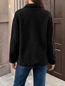 SHEIN Maternity 3-In-1 Casual Long Sleeve Stand Collar Side Zipper Removable Design Loose Black Fleece Jacket - Black - View 2