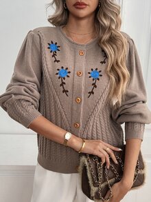 Sprig & Strand Women's Autumn New Single Piece Round Neck Embroidered Fresh Shoulder Pleat Design Classic Rope Pattern Slim Fit Short Knit Cardigan Top, Versatile Fashion Daily Wear - Brown - View 3
