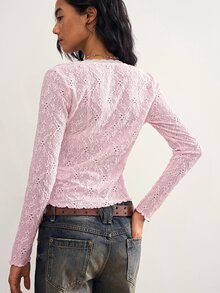 Bohemela Women's Contrast Lace V-Neck Embroidered Long Sleeve T-Shirt - Pink - View 7