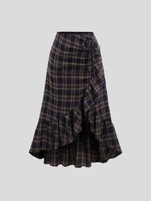 Sweetra Rok Wanita Gaya Spicy Girl Musim Gugur/Dingin Kembali ke Sekolah Gaya Kampus Desain Tekstur Elegan Prancis dengan Detail Tali Serut dan Kelim Ruffle Sederhana Serbaguna - MultiWarna - View 1