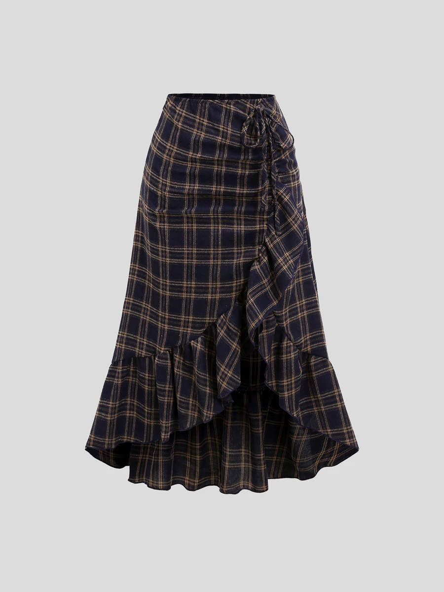 Sweetra Rok Wanita Gaya Spicy Girl Musim Gugur/Dingin Kembali ke Sekolah Gaya Kampus Desain Tekstur Elegan Prancis dengan Detail Tali Serut dan Kelim Ruffle Sederhana Serbaguna - MultiWarna - View 1