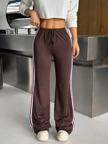 SHEIN EZwear 女款休閒條紋拼色抽繩腰長褲，適合日常穿著 - 咖啡棕 - 查看 3
