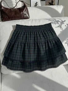 Comfortcana 大尺碼女款復古休閒優雅格紋學院風彈性腰A字裙，畢業度假正式穿著，黑色，秋季 - 墨綠色 - 查看 5