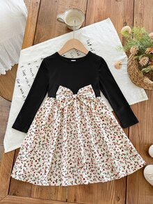 Emery Rose Kids Emery Rose Kids 女童小女孩可愛拼接洋裝，復古棕色羅紋上衣配蝴蝶結與花卉裙襬，長袖連身裙，適合春夏秋冬 - 黑色 - 查看 4