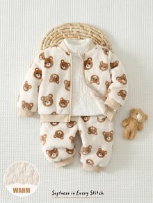 Baby Boys Shirt Co-Ords 2pcs/Set Fleece Teddy Bear Print Plush Jacket Knit Sweatshirt & Sweatpants Long Pants Color Block Set, Autumn/Winter Season - Multicolor - View 7