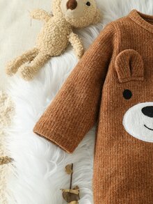 SHEIN 0-12M Unisex Baby Footed Jumpsuit, Bear Applique Patch Ribbed Knit Side Snap Long Sleeve , Spring Autumn Newborn Jumpsuit - Chocolate Brown - View 6