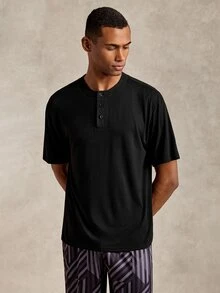 EverLounge Men's Casual Button Design Short Sleeve Loungewear Top - Black - View 3