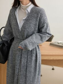 Dazy-Less Women's Solid Color Dropped Shoulder Long Sleeve Waist Tie Long Knit Cardigan - Dark Grey - View 4