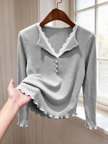 Rusticease Women's Solid Color Button Design Long Sleeve Casual French Elegant Ribbed Top Everyday Date Light Grey Autumn - Light Grey - View 3