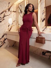 Slaydiva Women Elegant One Shoulder Backless Ruched Mermaid Maxi Dress Side Knot Draped Bodycon Evening Gown - Burgundy - View 8