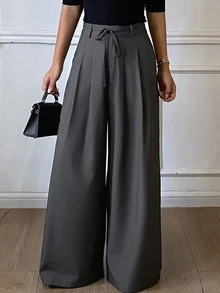 DAZY Grey High Waist Tie Pleated Loose Wide Leg Casual Versatile Commute Long Pants For Women Daily Wear - Grey - View 5