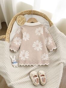 SHEIN Baby Girls Knit Sweater Dress, Lapel Floral Knit Dress - Apricot - View 2