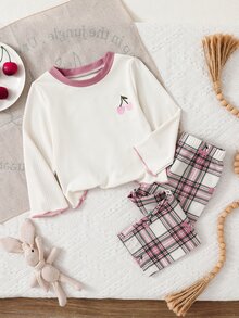 Young Girl Textured Ribbed Fruit Embroidered Round Neck Long Sleeve Top And Plaid Print Long Pants Loungewear Set Suitable For Autumn/Winter Wear - Apricot - View 1