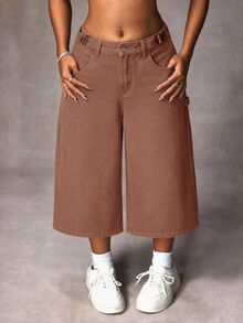 SHEIN EZwear 女款休閒寬腿鬆身長度口袋設計九分牛仔褲 - 摩卡棕 - 查看 2