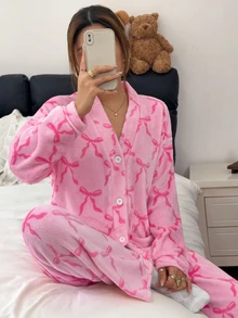 Napfluff Women's Autumn/Winter V-Neck Bow Coral Fleece Pajama Set - Multicolor - View 4
