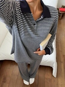 DAZY Women's Collared Button Long Sleeve Top & Striped Long Pants Loungewear Set - Grey - View 3