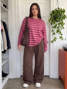 Comfortcana Plus Size Korean Style Minimalist Striped Colorblock Long Sleeve Crew Neck T-Shirt - Watermelon Pink - View 4