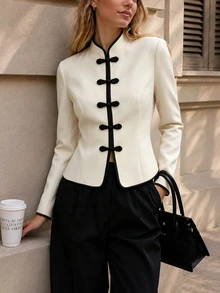 Celisse A Ladies' Retro Stand-Up Collar Long-Sleeved Fitted And Elegant Coat, Featuring Decorative Buttons On The Front And A Contrasting Color Design. - White - View 6