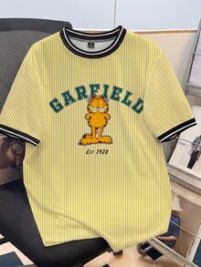 GARFIELD | SHEIN Daypath 男士圓領拼接色塊卡通字母印花時尚休閒T恤 - 黃色 - 查看 5