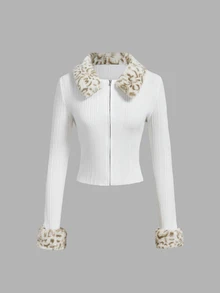 SHEIN MOD Women's Patchwork Animal Print Fur Collar Zip-Up Knit Cardigan - White - View 1