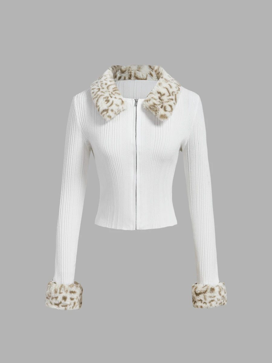 SHEIN MOD Women's Patchwork Animal Print Fur Collar Zip-Up Knit Cardigan - White - View 1