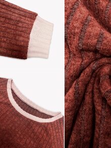 Linhara CURVE Women Plus Size Round Neck Solid Color Ribbed Contrast Patchwork Long Sleeve T-Shirt Autumn Winter Casual/Country Style/Top T-Shirt - Redwood - View 8