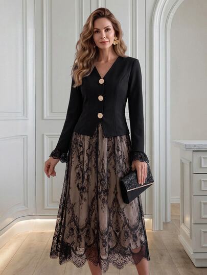 Medorina Women's Elegant Metal Button Long Sleeve Jacket & Lace Midi Skirt Two Pieces Set
