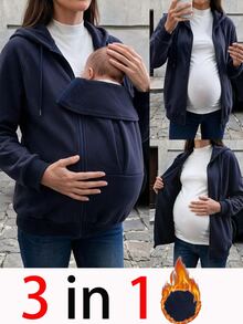 SHEIN Sweatshirt Hoodie Hamil Biru Tua Musim Gugur/Dingin 3-in-1 Multifungsi dengan Ritsleting untuk Menyusui Bahan Katun Nyaman - Biru - View 8
