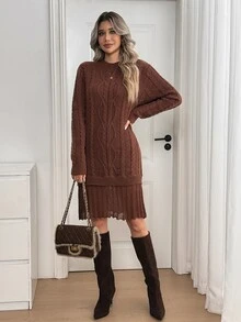 Sprig & Strand Women's Autumn New Arrival Single Piece Round Neck Hem Splice Design Fashion Elegant Personalized Versatile Daily Date Commute Short Fitted Knit Long Sleeve Woolen Dress - Coffee Brown - View 4