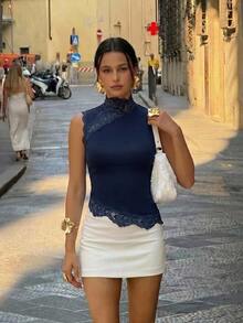 Aloruh Women's High Neck Sleeveless Lace Trim Solid Color T-Shirt - Navy Blue - View 6