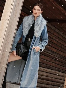 Anewsta Women's Fashion Faux Fox Fur Button Denim Jacket - Blue - View 4