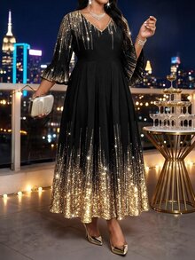 SHEIN Lady 大尺碼奢華優雅亮片印花V領洋裝 - 黑色 - 查看 6