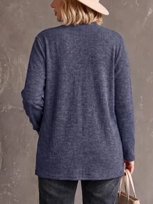 SHEIN LUNE Plus Size Fashion Vintage Pocket Long Sleeve Knit Cardigan - Blue - View 2